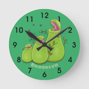 Funny green carnivorous pitcher plants cartoon rou runde wanduhr