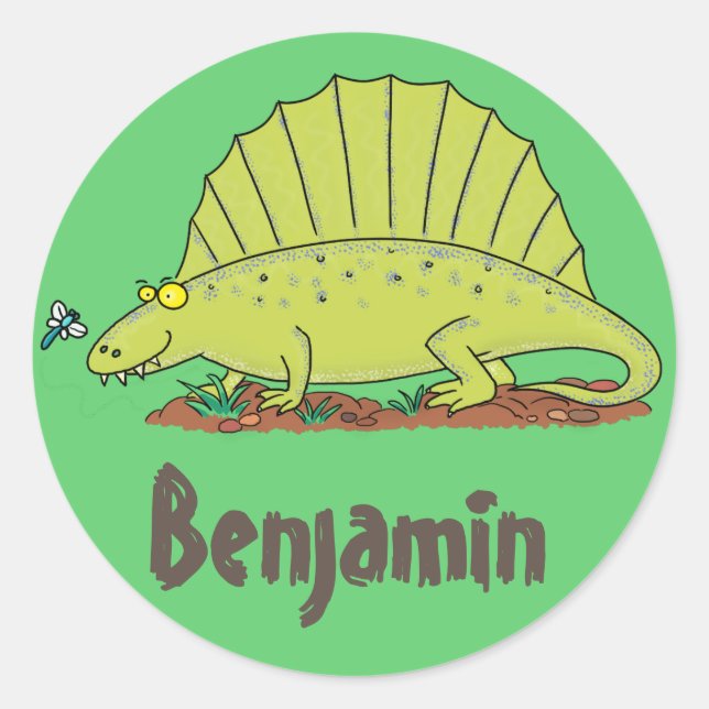 Funny Green Dimetrodon Cartoon Dinosaurier Runder Aufkleber (Vorderseite)