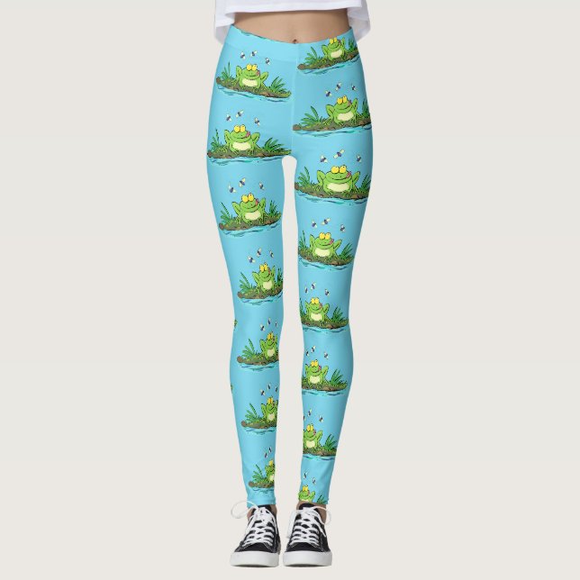 Funny green frog mit Fliegen Cartoon Illustration Leggings (Vorderseite)