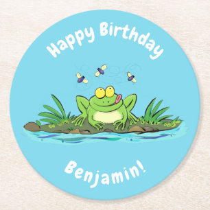 Funny green frog mit Fliegen Cartoon Illustration Runder Pappuntersetzer