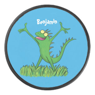 Funny green lächelnd animierte Eidechse Eishockey Puck
