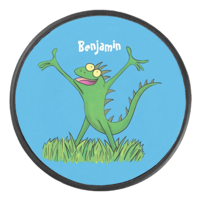 Funny green lächelnd animierte Eidechse Eishockey Puck (Vorderseite)