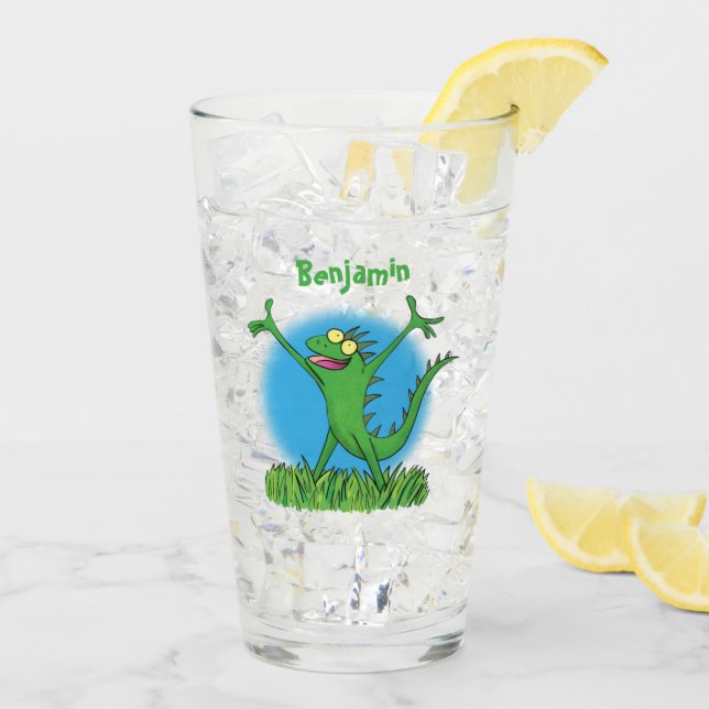Funny green lächelnd animierte Eidechse Glas (Rückseite Ice)