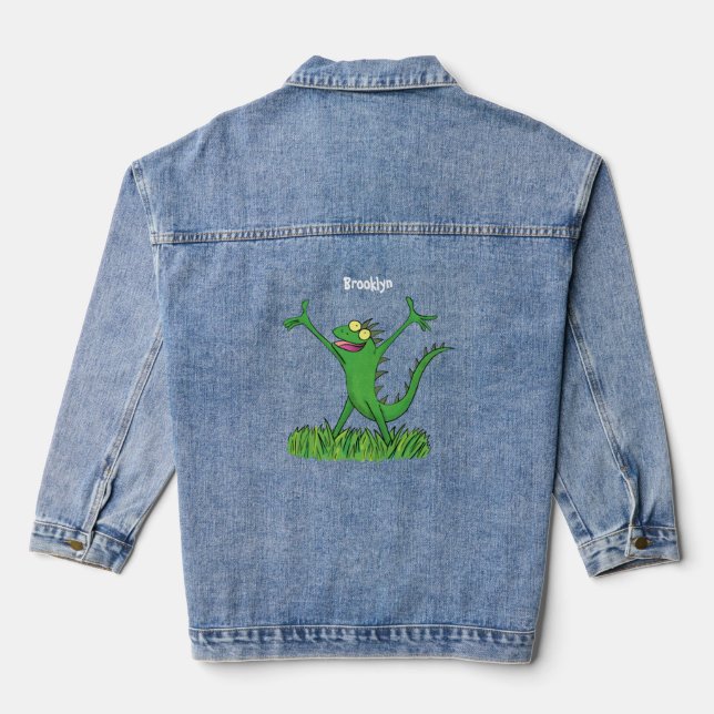 Funny green lächelnd animierte Eidechse Jeansjacke (Rückseite)