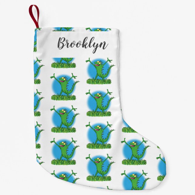 Funny green lächelnd animierte Eidechse Kleiner Weihnachtsstrumpf (Vorderseite)