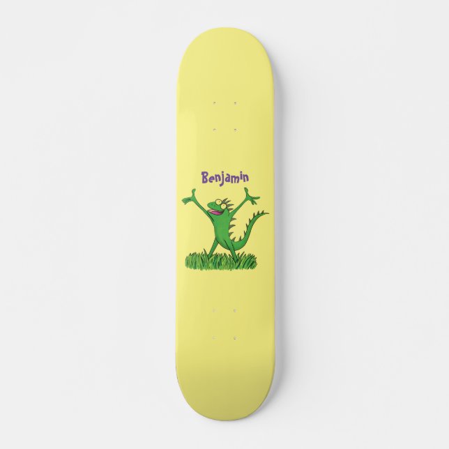Funny green lächelnd animierte Eidechse Skateboard (Vorne)