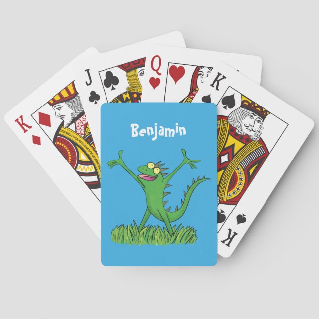 Funny green lächelnd animierte Eidechse Spielkarten (Rückseite)