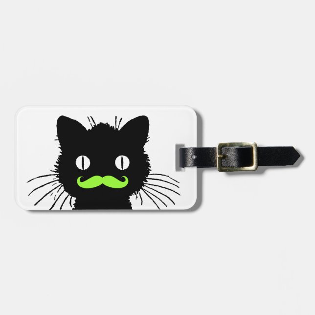 FUNNY GREEN MUSTACHE, SCHWARZE KATZE GEPÄCKANHÄNGER (Vorderseite horizontal)