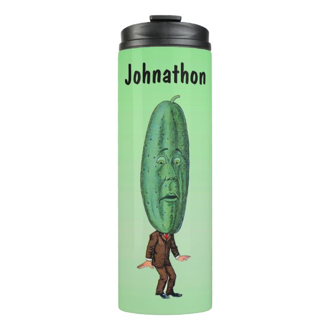 Funny Green Pickle Head Man trägt Anzug Green Thermosbecher (Vorderseite)