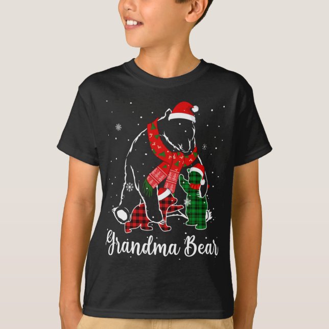 Funny Green Red Kariert Oma Bear Matching Pajama T-Shirt (Vorderseite)