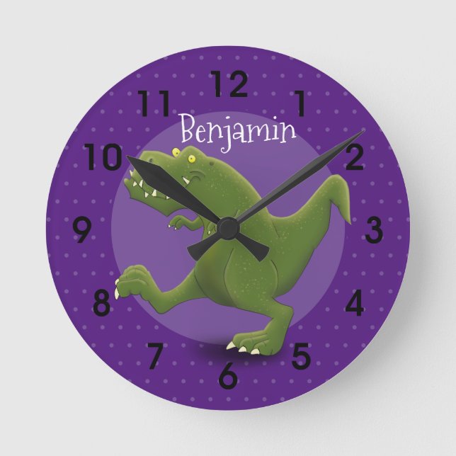 Funny green t rex dinosaurier Cartoon Illustration Runde Wanduhr (Vorderseite)
