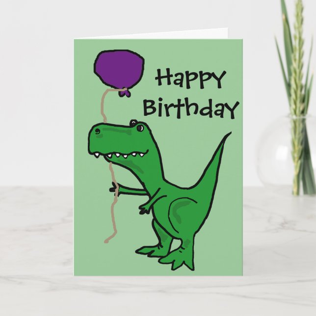 Funny Green Trex Dinosaur Holding Balloon Karte (Vorderseite)