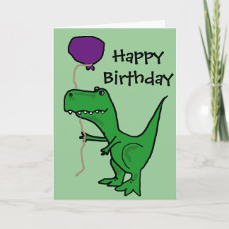 Funny Green Trex Dinosaur Holding Balloon Karte