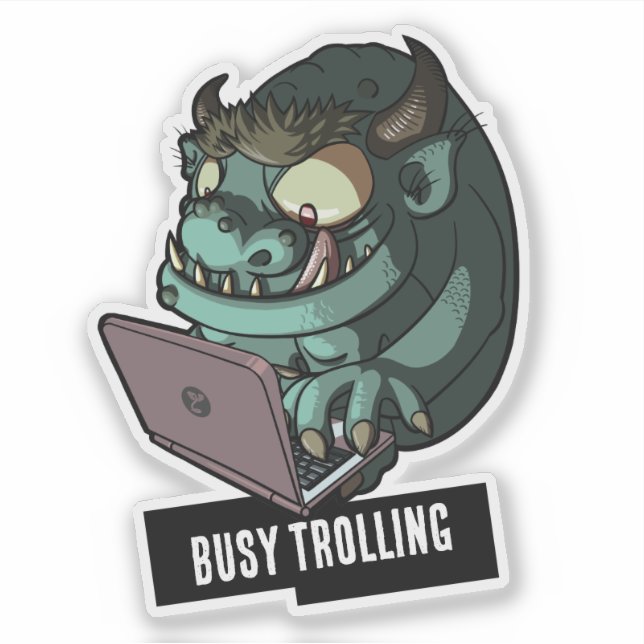 Funny Green Troll Busy Trolling On Laptop Cartoon Aufkleber (Vorderseite)