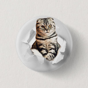 Funny Grey Cat Popping Through Torn Paper Illusion Button