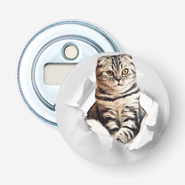 Funny Grey Cat Popping Through Torn Paper Illusion Flaschenöffner (Vorderseite)