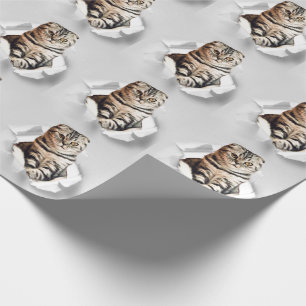 Funny Grey Cat Popping Through Torn Paper Illusion Geschenkpapier