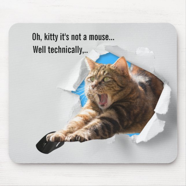 Funny Grey Cat Popping Through Torn Paper Illusion Mousepad (Vorne)