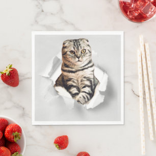 Funny Grey Cat Popping Through Torn Paper Illusion Serviette