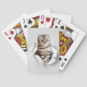Funny Grey Cat Popping Through Torn Paper Illusion Spielkarten