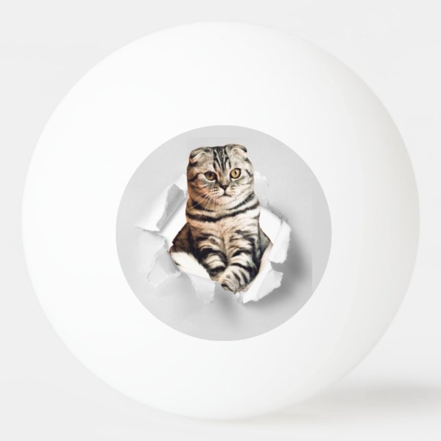 Funny Grey Cat Popping Through Torn Paper Illusion Tischtennisball (Vorderseite)