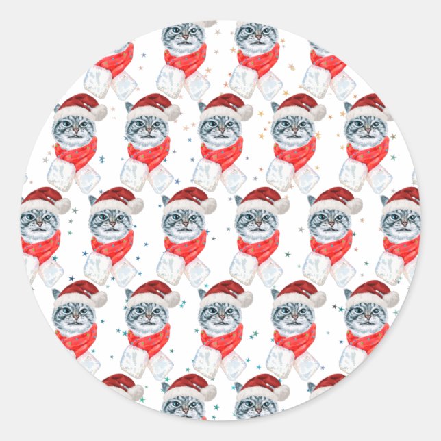 Funny Grey Tabby Cat Mit Weihnachtsmannmütze Weihn Runder Aufkleber (Vorderseite)