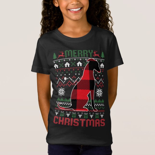 Funny Greyhound Ugly Christmas Red Plad Lights Swe T-Shirt (Vorderseite)