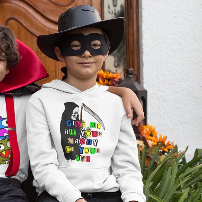 Funny Grim Sensenmann gibt mir Süßes Typografie Ki Hoodie (Funny Grim Reaper Give Me Candy Typography Kid's Hoodie)