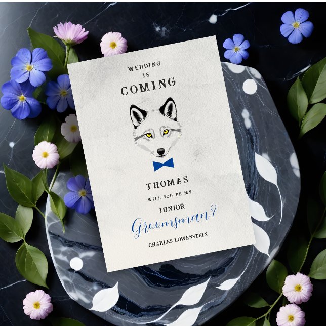 Funny Groomsman Blue Bow Tie Wedding Proposal  Einladung (Junior Groomsman Proposal Card with Blue Bow Tie and Grey Shades Design.)