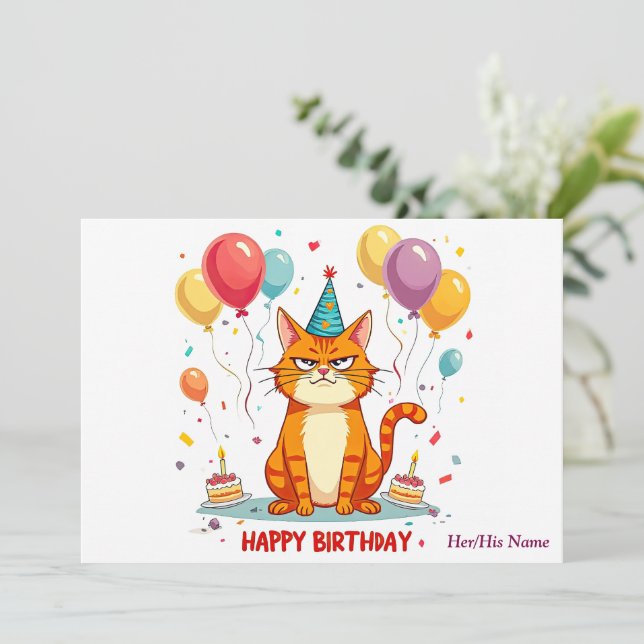 Funny Grumpy Cat Birthday Card – Balloon Overload Karte (Stehend Vorderseite)