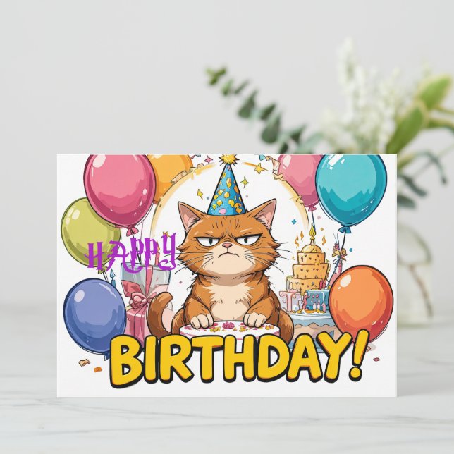 Funny Grumpy Cat Birthday Card – Cartoon Party Hum Karte (Stehend Vorderseite)