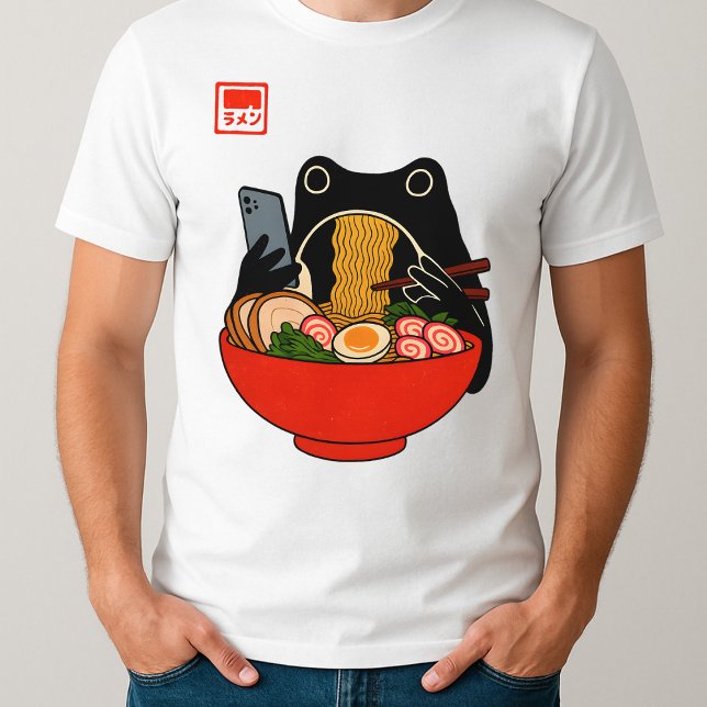 Funny Grumpy Frog Eat Ramen und Scroll Phone Art T-Shirt (Von Creator hochgeladen)