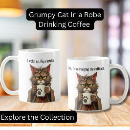 Funny Grumpy Katze in einem Robe und Kaffee Chat Kaffeetasse