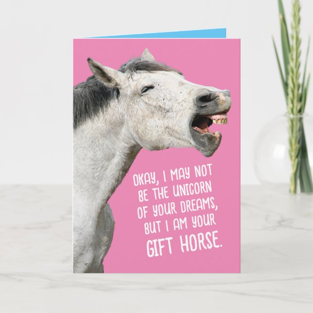 Funny guck nicht ein Geschenkpferd im Mund Karte (Vorderseite)