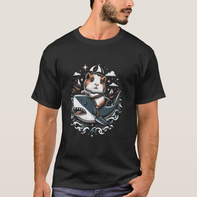 Funny Guinea Pig Reiten auf der Shark Guinea Schwe T-Shirt (Vorderseite)