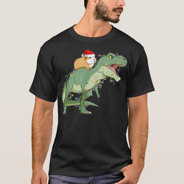 Funny Guinea Pig Reiten Weihnachtslicht T Rex Dino T-Shirt (Vorderseite)