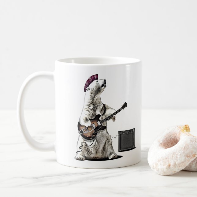 Funny Guitar Player Punk Bear Rock and Roll Mug Kaffeetasse (Mit Donut)