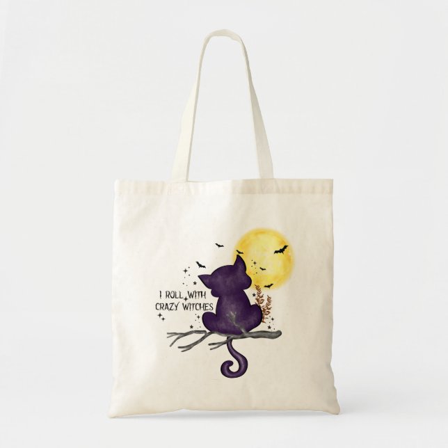 Funny Halloween Black Cat and Magical Moon Tragetasche (Vorne)