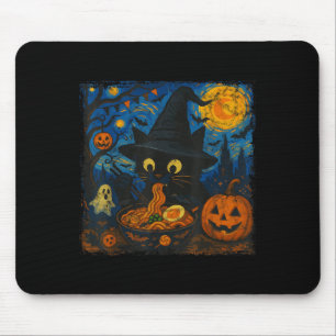 Funny Halloween Black Cat Eating Ramen Starry Nigh Mousepad