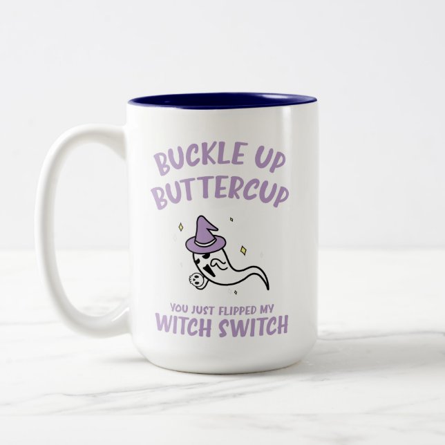 Funny Halloween Buckle Up Buttercup Hexenschalter Zweifarbige Tasse (Links)
