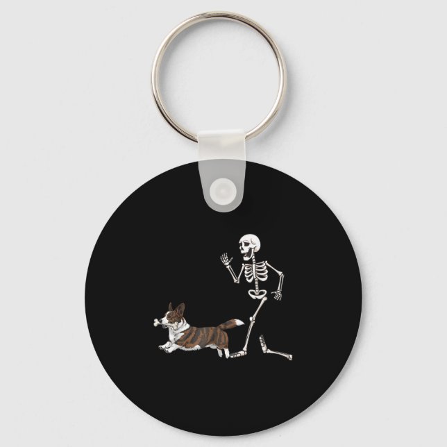 Funny Halloween Cardigan Welsh Corgi and Skeleton Schlüsselanhänger (Vorderseite)