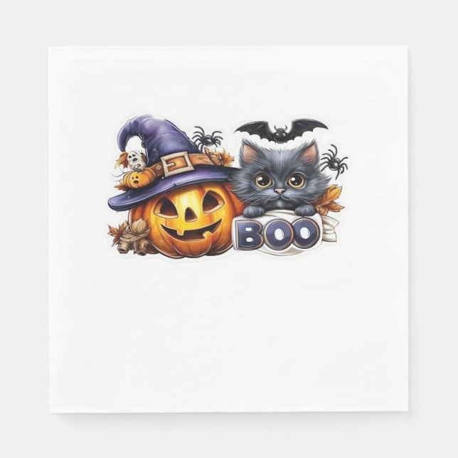 Funny Halloween Cat Sticker - Hexenhut, Pumpkin a Serviette (Vorderseite)