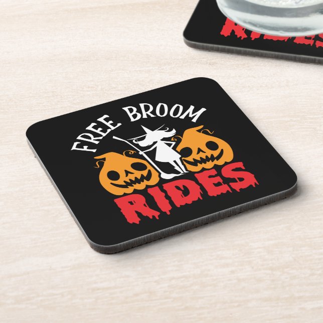 Funny Halloween Free Broom Rides Hexenkürbis Getränkeuntersetzer (Linke Seite)