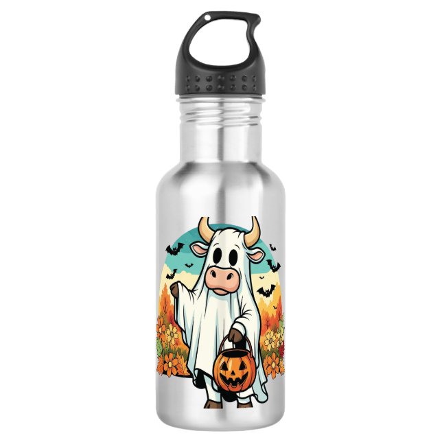 Funny Halloween Ghost Cow Edelstahlflasche (Vorderseite)