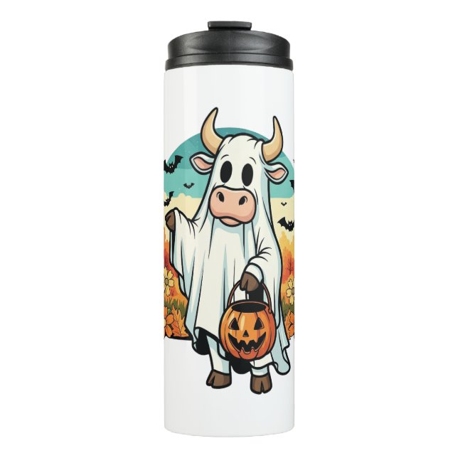 Funny Halloween Ghost Cow Thermosbecher (Vorderseite)