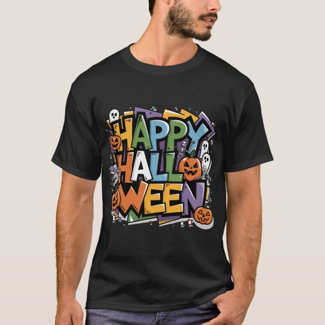 Funny Halloween Graffiti Art mit farbigem Text T-Shirt (Vorderseite)