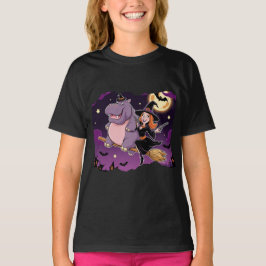 Funny Halloween Hippo Riding Shotgun mit Hexe T-Shirt