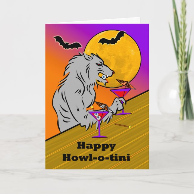 Funny Halloween Howl-o-tini mit Wolf Martinis Karte (Vorderseite)