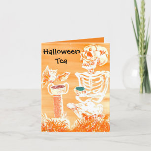 Funny Halloween Skeleton-Bat Tea Time Faltcard Dankeskarte