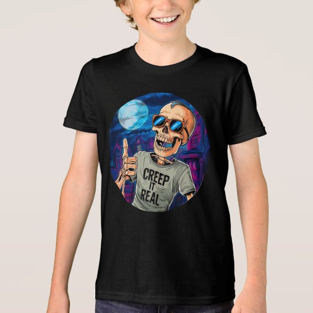 Funny Halloween Skeleton Creep It Real Tri-Blend Shirt (Vorderseite)